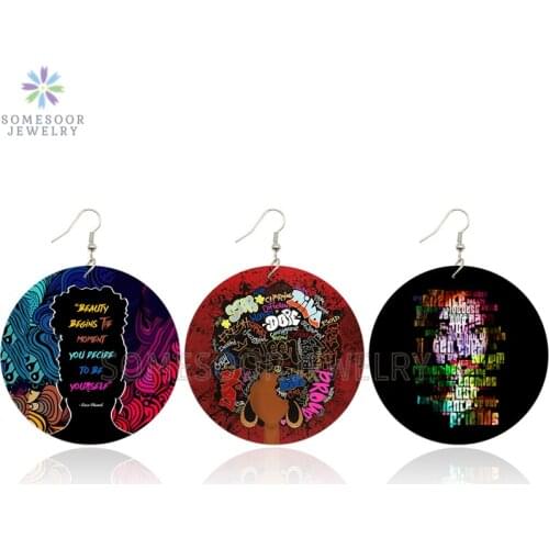 SOMESOOR Proud Black Africa Wooden Drop Earrings AFRO Dope Natural Hair Graffiti Artstic Wood Dangle Jewelry For Women Gifts