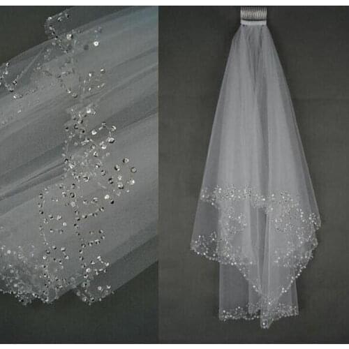 New 2 Tier White/Ivory Sequins Beaded Edge Wedding Bridal Veil With Comb