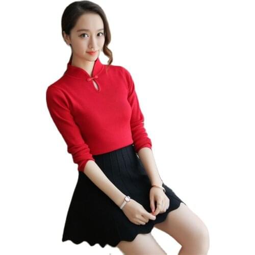 2021 Chinese winter sweater style cheongsam collar sweater slim semi turtleneck sweater backing spring dress sleeve head