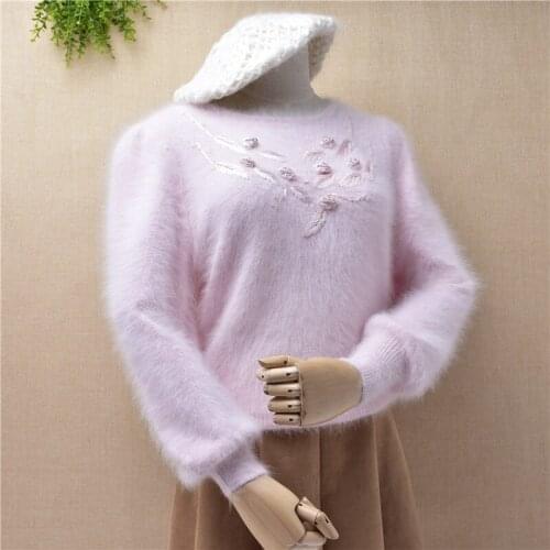 New Ladies Knit o-Neck Long Sleeve Sweater Angora Rabbit Fur Bottoming Sweater Embroidered Slim blouses female spring clothes