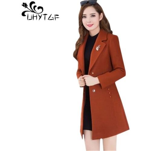 UHYTGF Autumn New Women Windbreaker Outerwear solid color plus size Wool Coat Single-breasted Long sleeve Woolen Jacket Lady 896