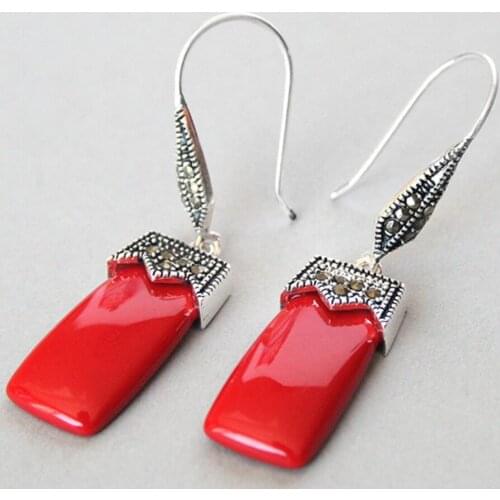 Jewelry Free Shipping NICE VINTAGE RED CORAL 925 SILVER & MARCASITE EARRINGS 2"