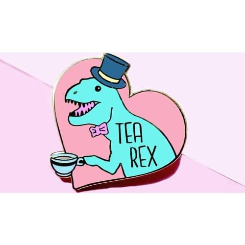 Funny Tyrannosaurus Tea Rex Hard Enamel Pins Fashion Cartoon Pastel Animals Golden Brooch Drink Tea Enthusiast Unique Gift