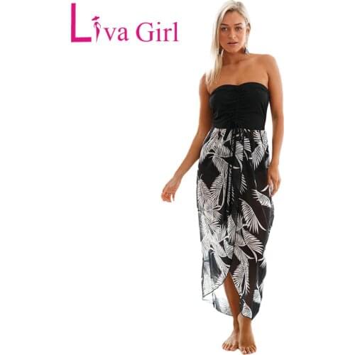 LIVA GIRL Summer Print Swimsuit Beach Cover Up Women Side Split Off Shoulder Chiffon Beach Dress Maxi Dresses Swimwear Dress XXL