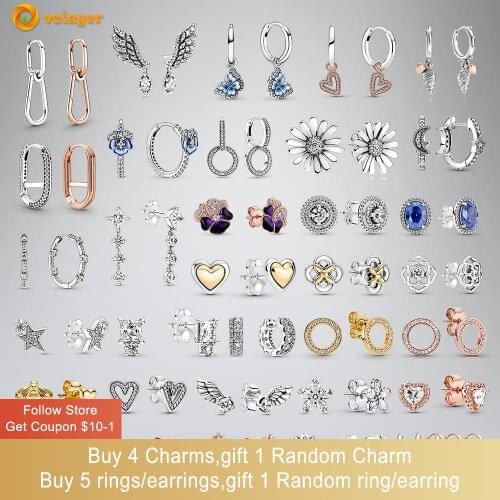 Volayer 925 Sterling Silver Fan Stud Sparkling Family Tree Angel Wing Daisy Flower Heart Earrings Women Earrings