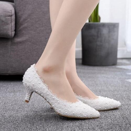 Woman Shoes White Lace Pearl Beaded Wedding Shoes Super High Heels Platform Slip-on Round Toe Party Banquet Bridesmaid Pumps