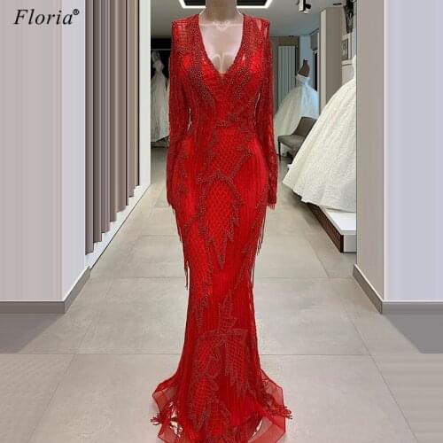 Plus Size Red Muslim Beading Evening Dresses 2020 Long Mermaid Dubai Prom Dresses With Tassels Arabic Women Vestidos De Festa