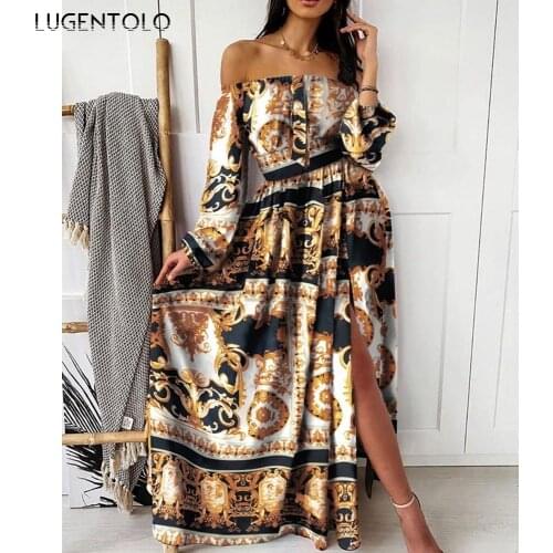 Women V neck Maxi Dress Sumer Pullover Retro Long Sleeves Big Swing Off The Shoulder Print Womens Long Dress