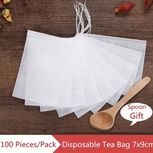 100 PCS/Pack Disposable Drawstring Tea Filter Bags Empty Cotton Tea Infuser Bag With Wooden Spoon for Herb China Tea Loose Leaf