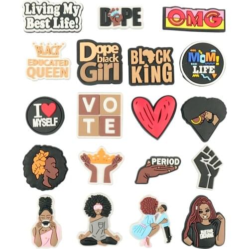 20Pcs/Pack Black Girl Magic Hole Shoe Charms Accessories Decorations PVC Wristbands Bags Backpack Decorative Buckle Gifts