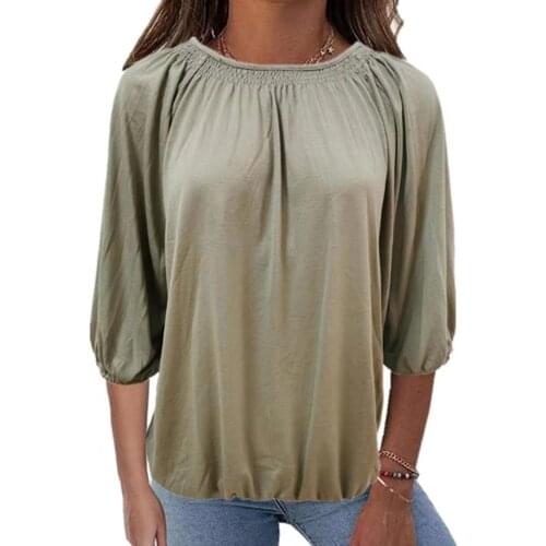 3/4 Sleeve Solid Color Women Blouse Spring Autumn O Neck Pleated Loose Autumn Shirt Streetwear Women Blouse