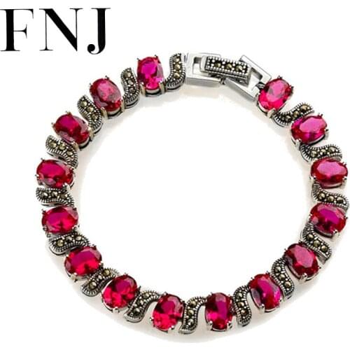 FNJ 925 Silver Bracelet for Women Jewelry 8mm 18cm Chain Original S925 Sterling silver Bracelets Blue Rose Red Zircon Garnet