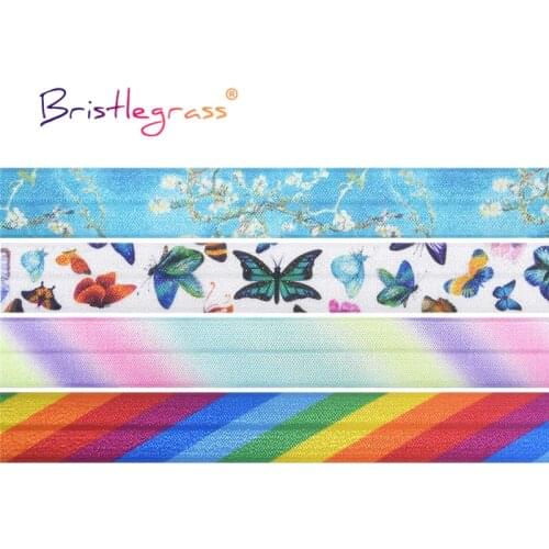 BRISTLEGRASS Combo 4 Yard 3/4" 20mm Rainbow Floral Print Foldover Elastic FOE Spandex Satin Band Tape Hair Tie Dress Sewing Trim