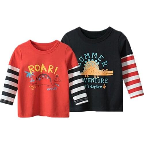 Printed Cartoon Baby Clothes Striped Contrast Pattern T-Shirt Boys And Toddlers Autumn Fashion Tops 2-8 Years Old