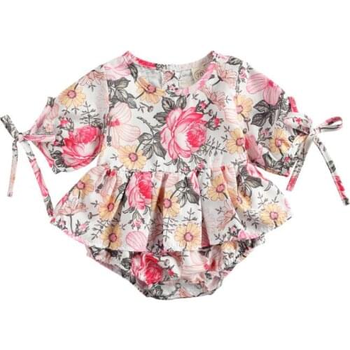 Baby Girl Romper Flower Print Short Sleeve Round Neck Bodysuit One-piece Suit for Photography Birthday Party