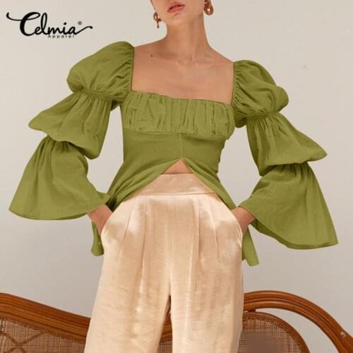 Elegant OL Blouse Celmia 2021 Fashion Women Puff Sleeve Sexy Square Collar Solid Blouses Slit Tunic Tops Casual Pleated Blusas