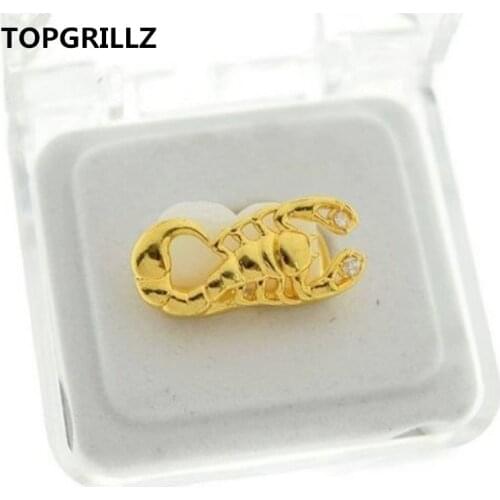 TOPGRILLZ Scorpion Grillz Stinger Teeth Grillz Gold Tone Scorpio Double Cap Iced-Out Tooth Grills,Gift,Party