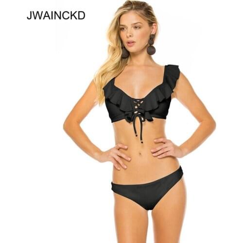 JWAINCKD Bikini Push Up 2019 New Mujer Front Knotted Swimsuit Female Ruffles Shoulder Bandage Cross Swimwear Women Beach Wear