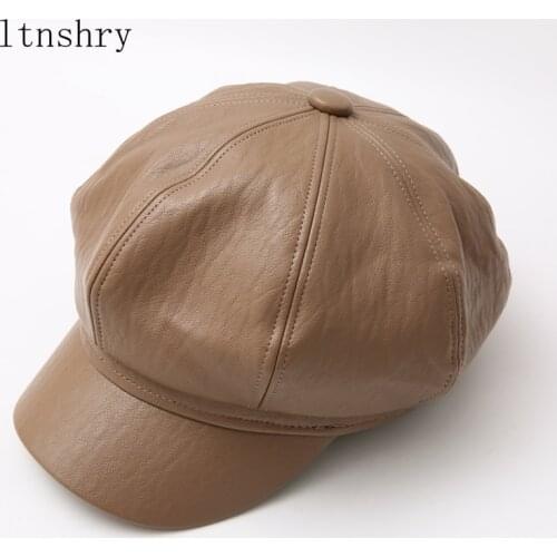Leather Newsboy Cap Quality Fashion Artist PU Leather Female Korean Octagonal cap Spring Winter Casual Beret women Flat Hat