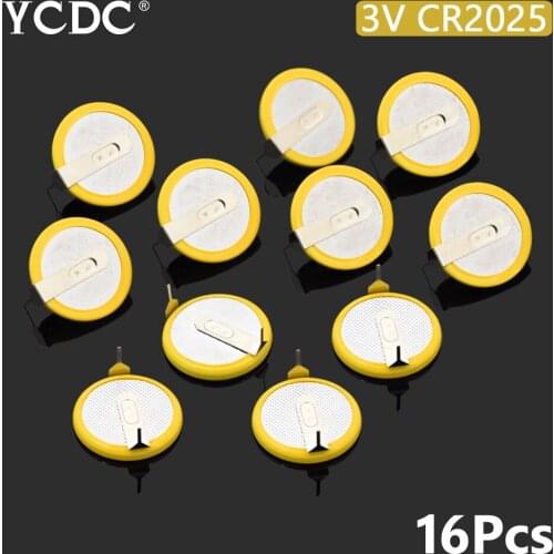 16pcs/lot YCDC CR2025 Button Cell Batteries 3V 2 Feet Welding Solder Pins Accessories 180 degree cr 2025 Coin battery