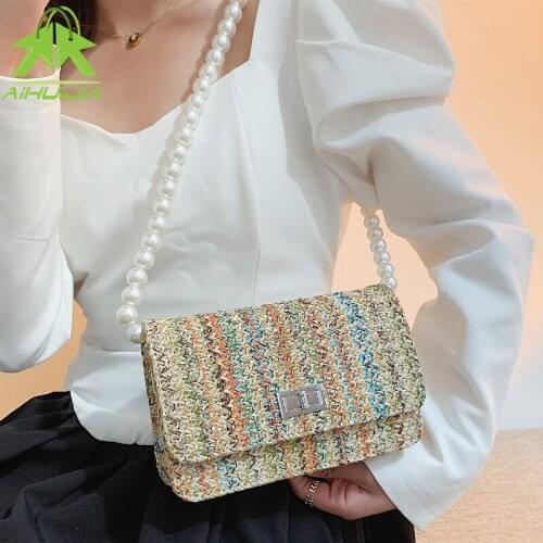Fashion Pearl Chain Straw Woven Handbag Summer New Bohemian Leather + Straw Stitching One-shoulder Messenger Small Square Bag