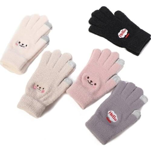 094B Plush Gloves Cute Full Finger Gloves Embroidery Touchscreen Driving Gloves