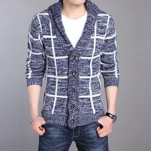Men Winter Sweater Knitting Plaid Mens Sweaters Cardigan Pull Thick Cardigan British Style Single Button Asian Size