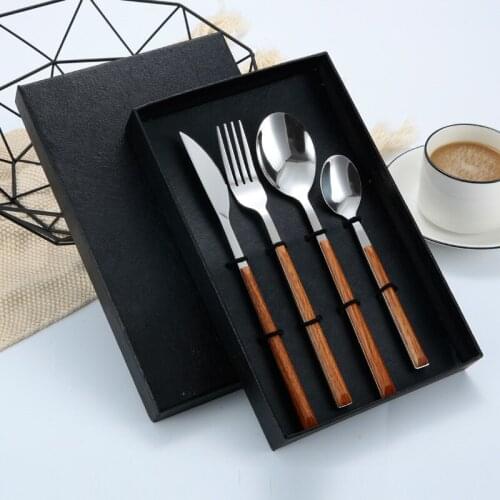 Western Dinnerware Set Wood Handle Stainless Steel Steak Table Knife Fork Spoon Dessert Fork Cutlery Sets