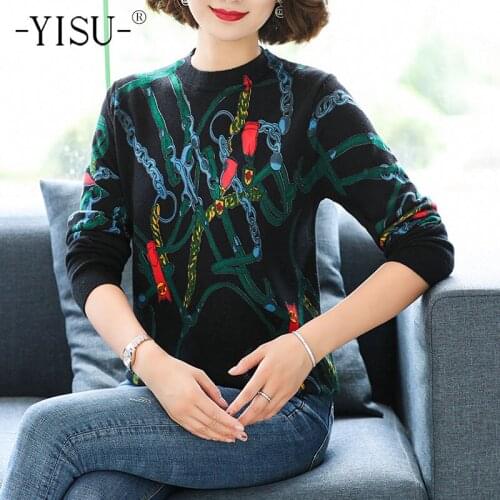 YISU New Spring Autumn Womens Sweater O-Neck Loose tops Chain Printing Long sleeve Female Knitted Pullover 2021 Casual Jumper