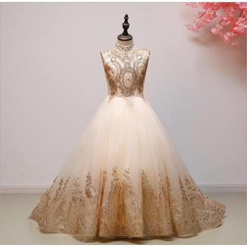 Sequin Golden Lace Baby Girl Dress 1 Year Birthday Gown Long Trailing Party Baptism Dress Toddlers Girl Christening Dress