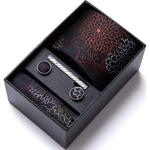 Gift box Plain Floral Tie Mens 7.5cm Silk Necktie Set Blue Green Purple Gold Wedding Solid Tie Hanky Cufflinks&Clip Set