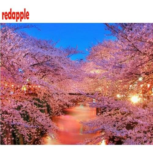 Full square Diamond painting Romantic cherry blossoms scenery diamond Embroidery Cross Stitch Mosaic drill wall sticker
