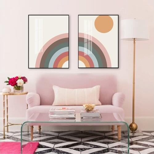 Poster Retro Scandinavian Nursery Wall Art Decor Mid Century Rainbow Art Canvas Painting Prints Minimalist Rainbow & Sun