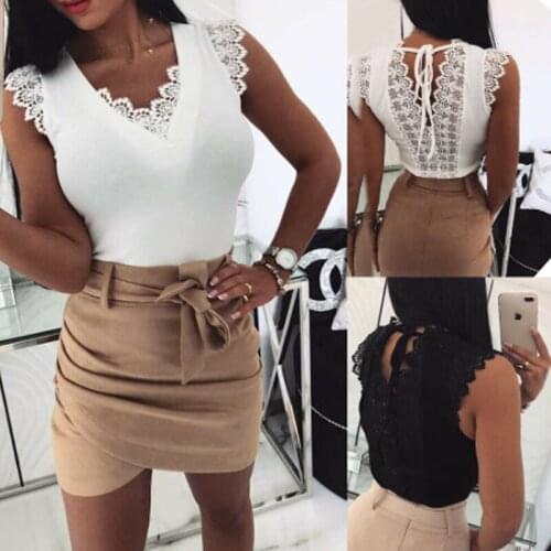 Sexy Women Lace T-shirt Top Fashion Ladies Holiday Casual Camisole Tank Top Sleeveless V-Neck Solid Slim Female T-shirt