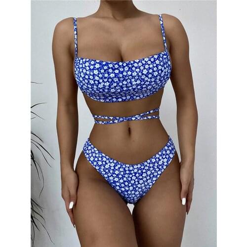 Blue Tiny Flower Thong Bikinis WomenS Summer Suit 2021 Swimsuit Vintage Swimwear Bikinis For Women