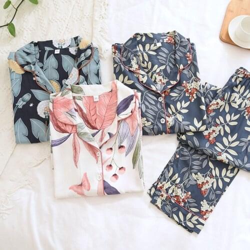 SR044 Summer Viscose Cotton Thin Printed Pajamas Womens Pyjamas Set Long Sleeve Shirt Sleepwear Women Pajamas Full Pant Female