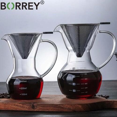 BORREY Glass Coffee Pot Pour Over Coffee Maker Reusable Stainless Steel Filter BPA-Free Glass Carafe Hand Coffee Dripper Pot