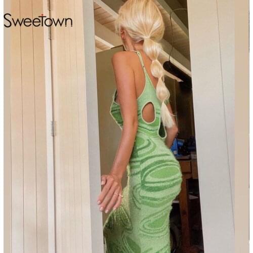 Sweetown Paisley Wave Print Knitted Bodycon Long Dresses Women Harajuku Spring Summer Clothes Sleeveless Cut Out Strap Dress