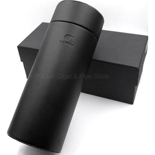 Cohiba Black Genuine Leather Humidor Hygrometer Humidifier Travel Cigar Tube Jar
