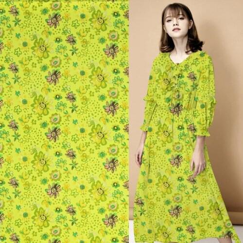 Bright yellow pure silk crepe de chine fabric graffiti floral design,SCDC1095