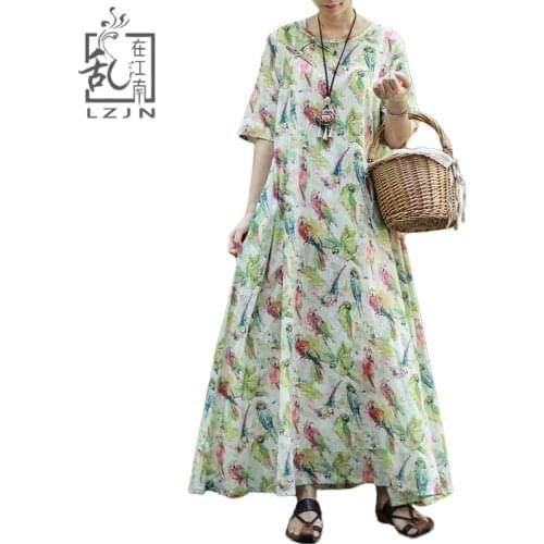 LZJN Ladies Half Sleeve Long Dress 2019 Summer Autumn Parrot Print A-Line Maxi Dress Shirt Women Loose Robe Mori Girl Vestidos
