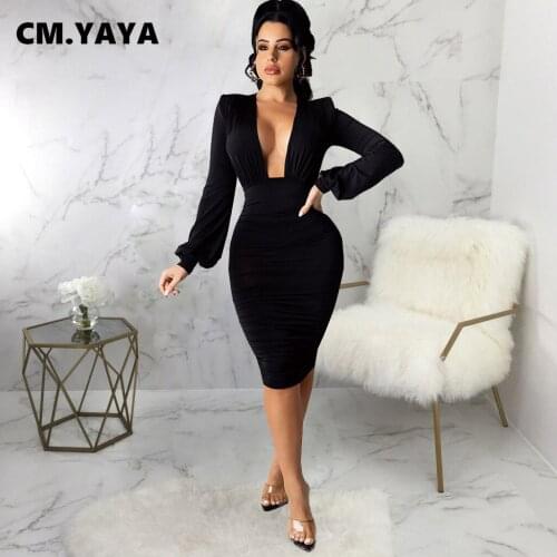 CM.YAYA Women Midi Dress Print Full Sleeve V-neck Stacked Stretchy Skinny Dresses Vintage Party Vestidos Autumn Outfits 2021