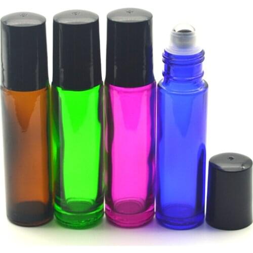 10ml Thick Perfume Glass Roller Bottle Empty 10ml Essential Oil Sample Roll-On Black Plastic Cap Container Colorful 50pcs