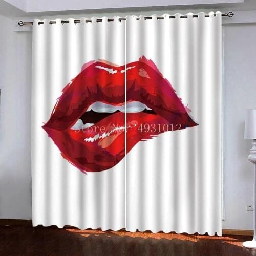 2 Panels Curtain Red Lips 3D Printing Thermal Insulated Blackout Light Blocking Room Darkening Windows Drapery Curtain Panels