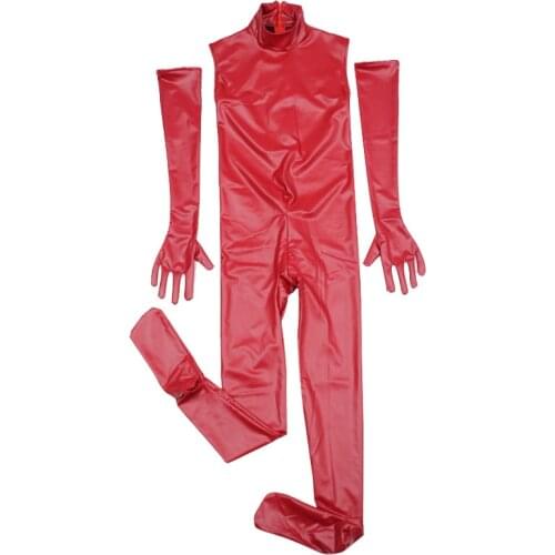 2PCS/SET Sleeveless Turtleneck Zipper Open Crotch Bodysuit Oil Faux Latex PU Leather Bodycon Jumpsuit Sexy Clubwear Catsuit Body