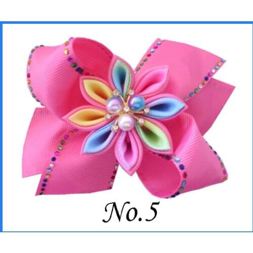 200 BLESSING Good Girl 4.5" Coral Hair Bow Clip Rainbow Rhinestone Pearl Flower