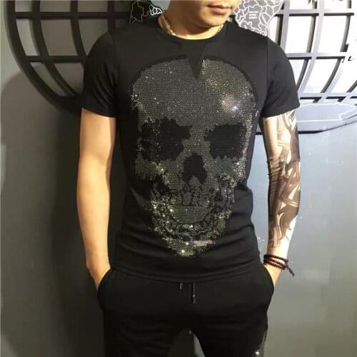 2021 round neck 100% cotton skull top rhinestone top T-shirt high quality slim best selling luxury T-shirt bottoming shirt