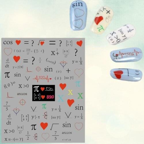 7Pcs/Set Mathematical Symbol Nail Sliders Back Glue Fashion Letter Symbol Nail Water Transfer Decals Manicure Art Making