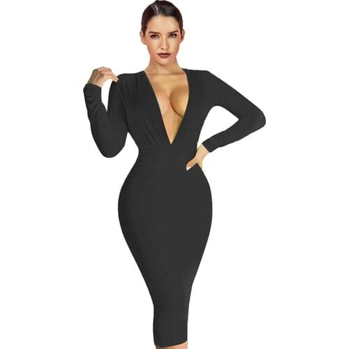 Bandage Dress Sexy Deep V Neck Womens Black Bodycon Bandage Dress 2021 New Arrivals Long Sleeve Draped Night Club Party Dresses