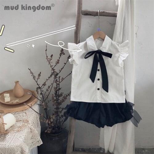 Mudkingdom Girls Sets Summer Bow Sleeveless Turn-down Collar Open Stitch Shirts Solid Puffy Shorts Set for Little Girl Outfits
